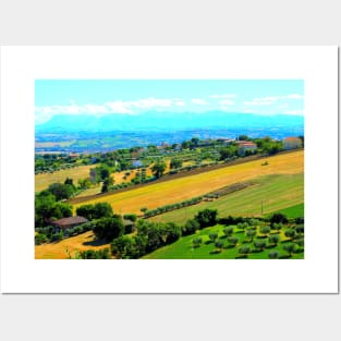 View from Morrovalle at a Marche hilly landscape with fields, trees and houses Posters and Art